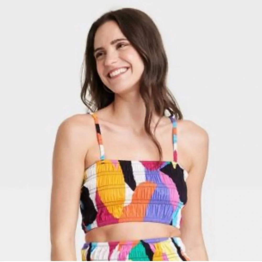 a new day Colorful Abstract Print smocked Crop Top - Picture 1 of 6